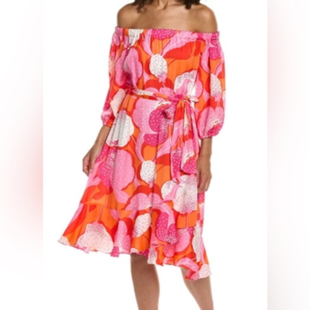 Trina Turk Orange & Pink Off-Shoulder Floral Midi Dress